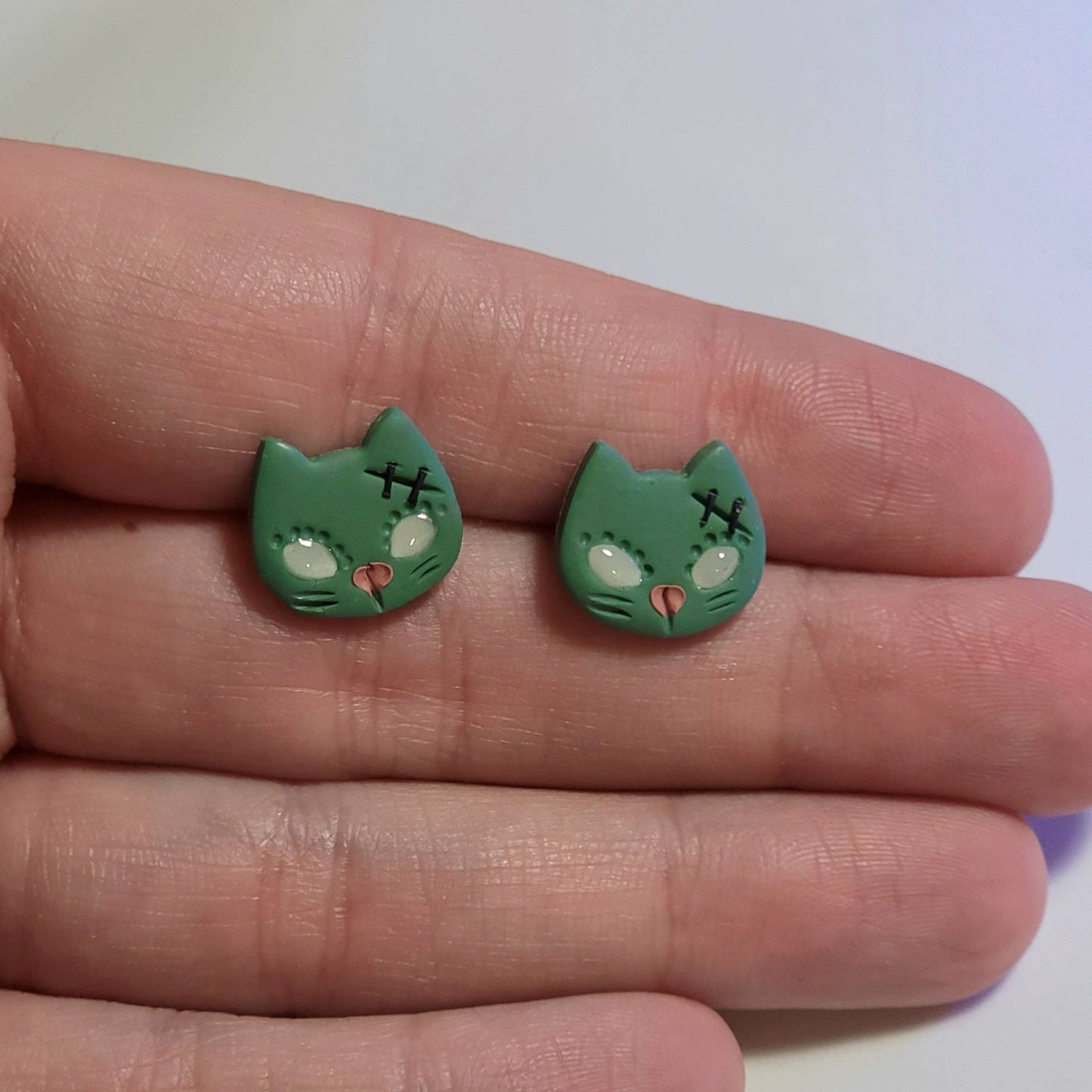 Spooky Zombie Cat Halloween Stud Earrings, Glow In The Dark