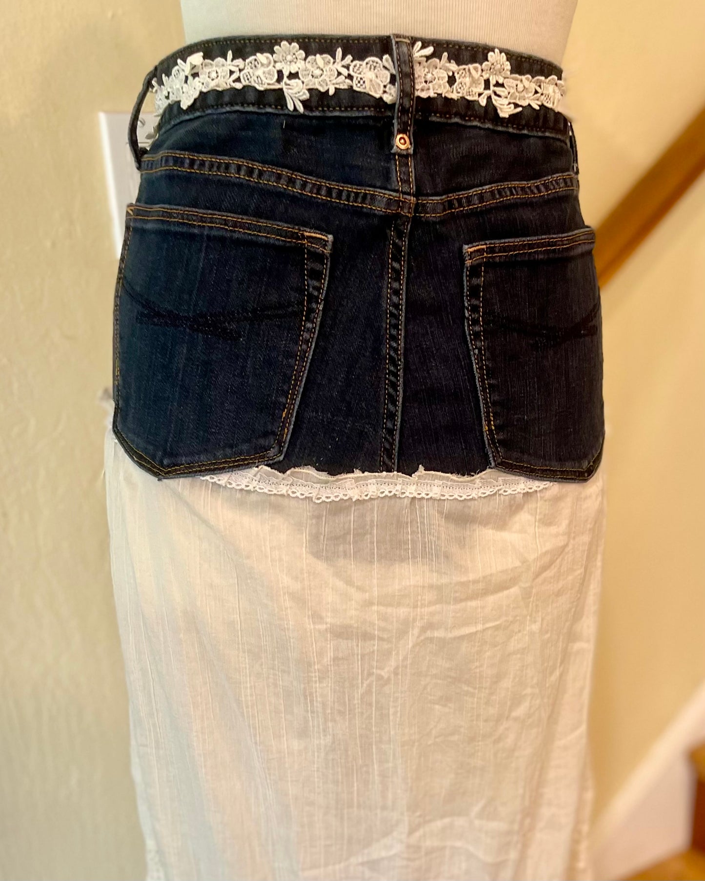 Cream/Denim Maxi Skirt w/ Vintage Lace