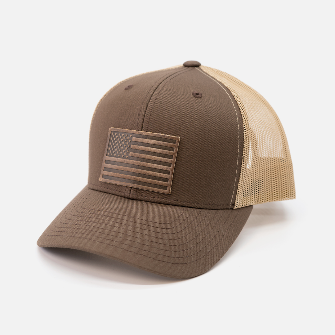 American Flag Hat - Leather Patch Trucker Snapback