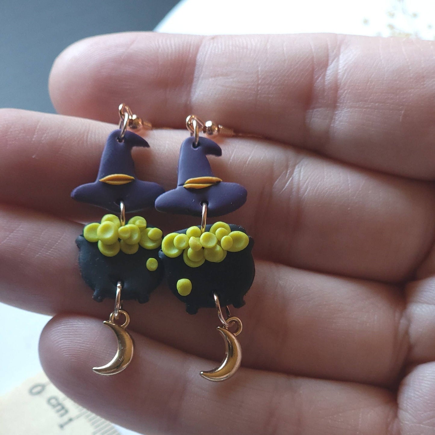 Spooky Witch Bubbling Cauldron Halloween Hat Earrings, Witch