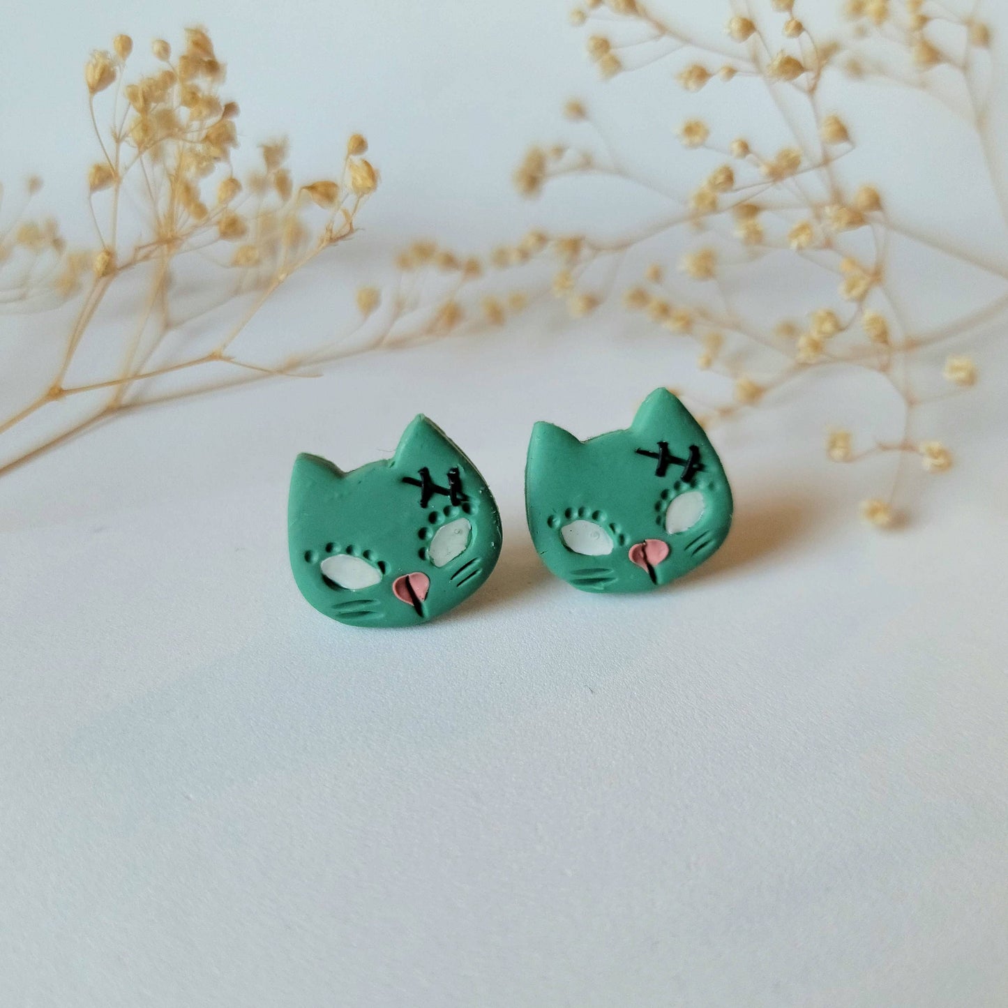 Spooky Zombie Cat Halloween Stud Earrings, Glow In The Dark