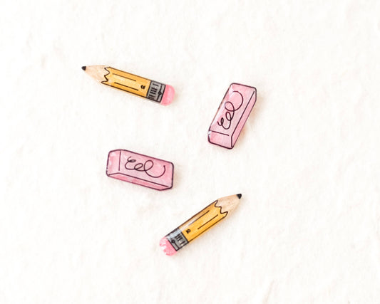 No.2 Pencil + Pink Eraser Stud Earrings