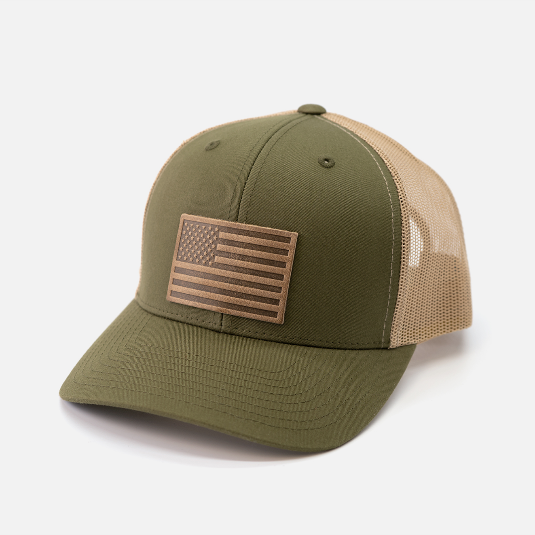 American Flag Hat - Leather Patch Trucker Snapback