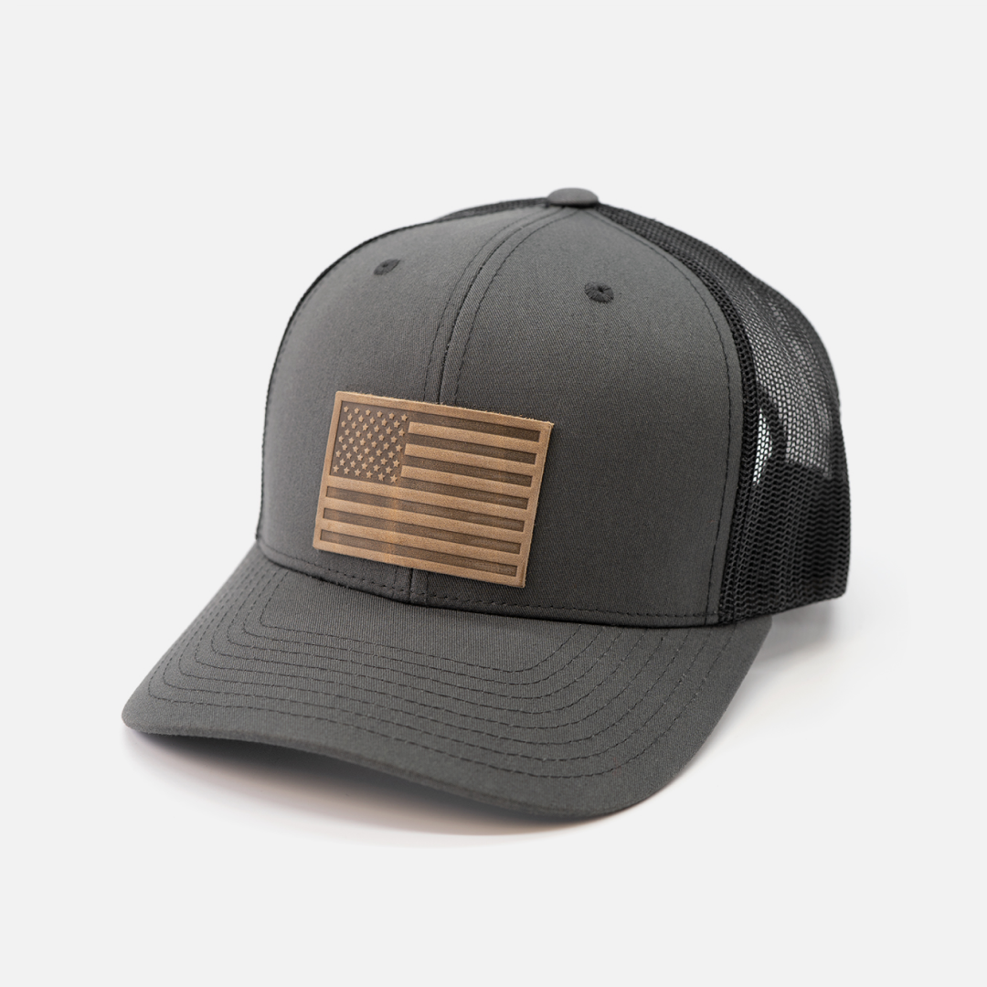 American Flag Hat - Leather Patch Trucker Snapback