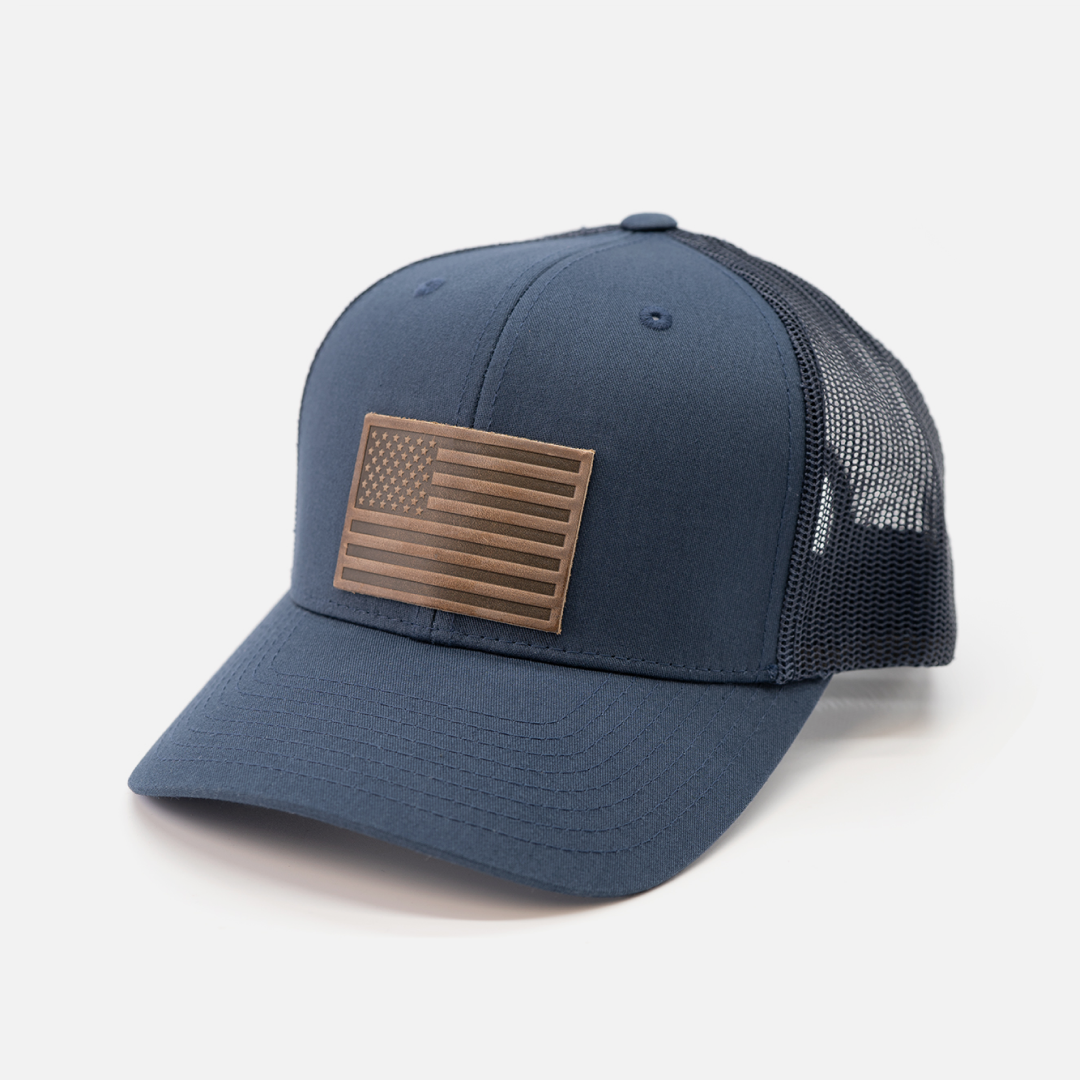 American Flag Hat - Leather Patch Trucker Snapback