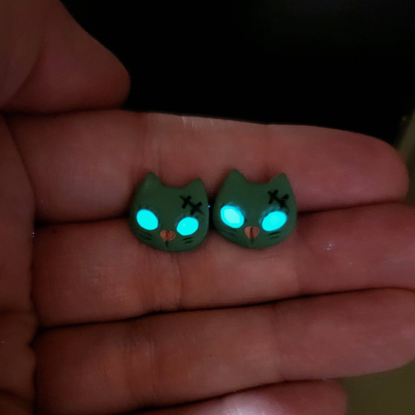 Spooky Zombie Cat Halloween Stud Earrings, Glow In The Dark