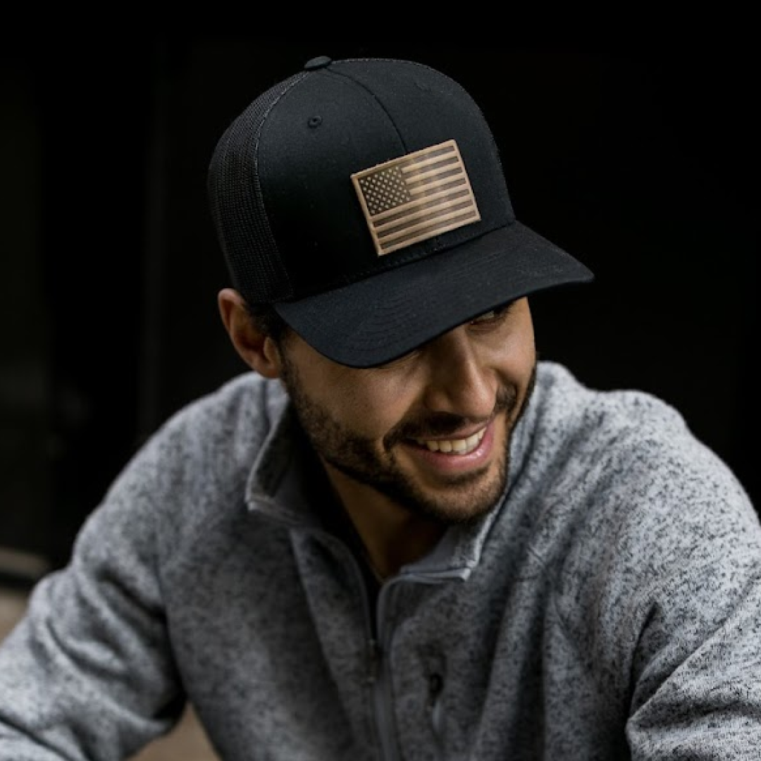 American Flag Hat - Leather Patch Trucker Snapback