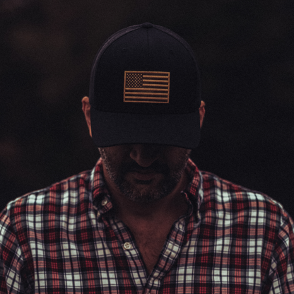American Flag Hat - Leather Patch Trucker Snapback