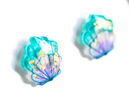 Mermaid Shell Stud Earrings with Gold Leaf