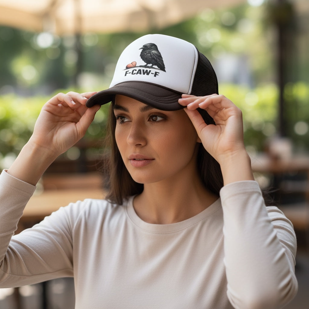 Grumpy Crow with Broken Heart Trucker Hat