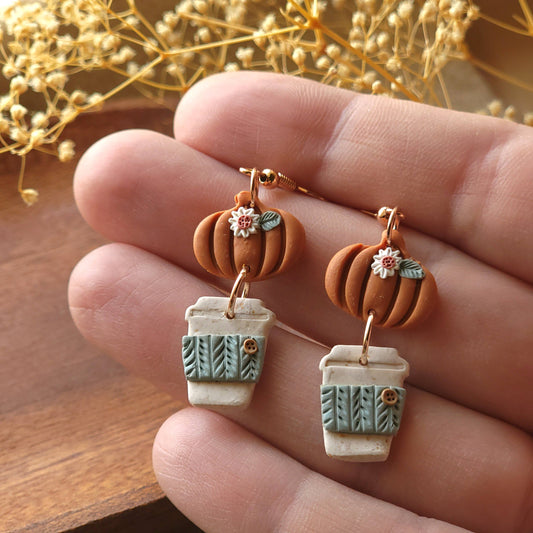 Pumpkin Latte Coffee Dangle Polymer Clay Earrings for Fall