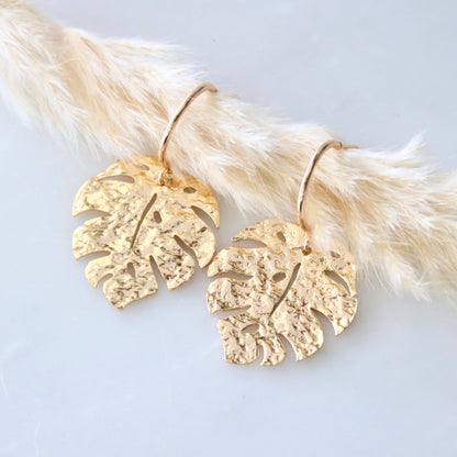 Hammered Monstera Hoop Earrings