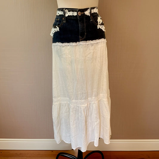 Cream/Denim Maxi Skirt w/ Vintage Lace