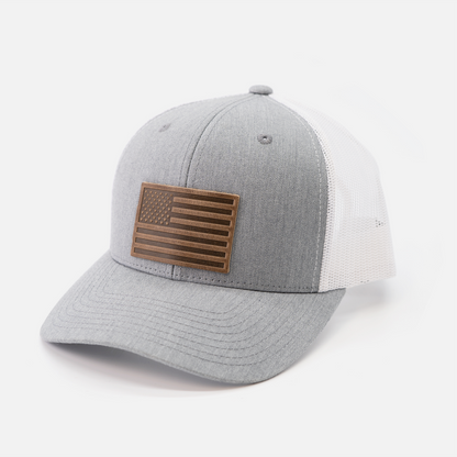 American Flag Hat - Leather Patch Trucker Snapback