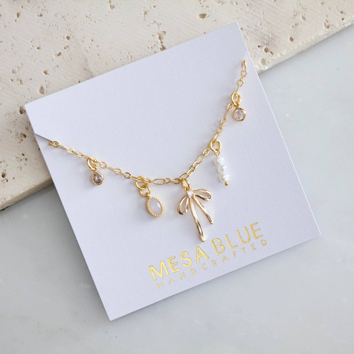 Opalite, Pearl, CZ Bow Charm Necklace