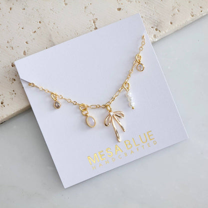 Opalite, Pearl, CZ Bow Charm Necklace