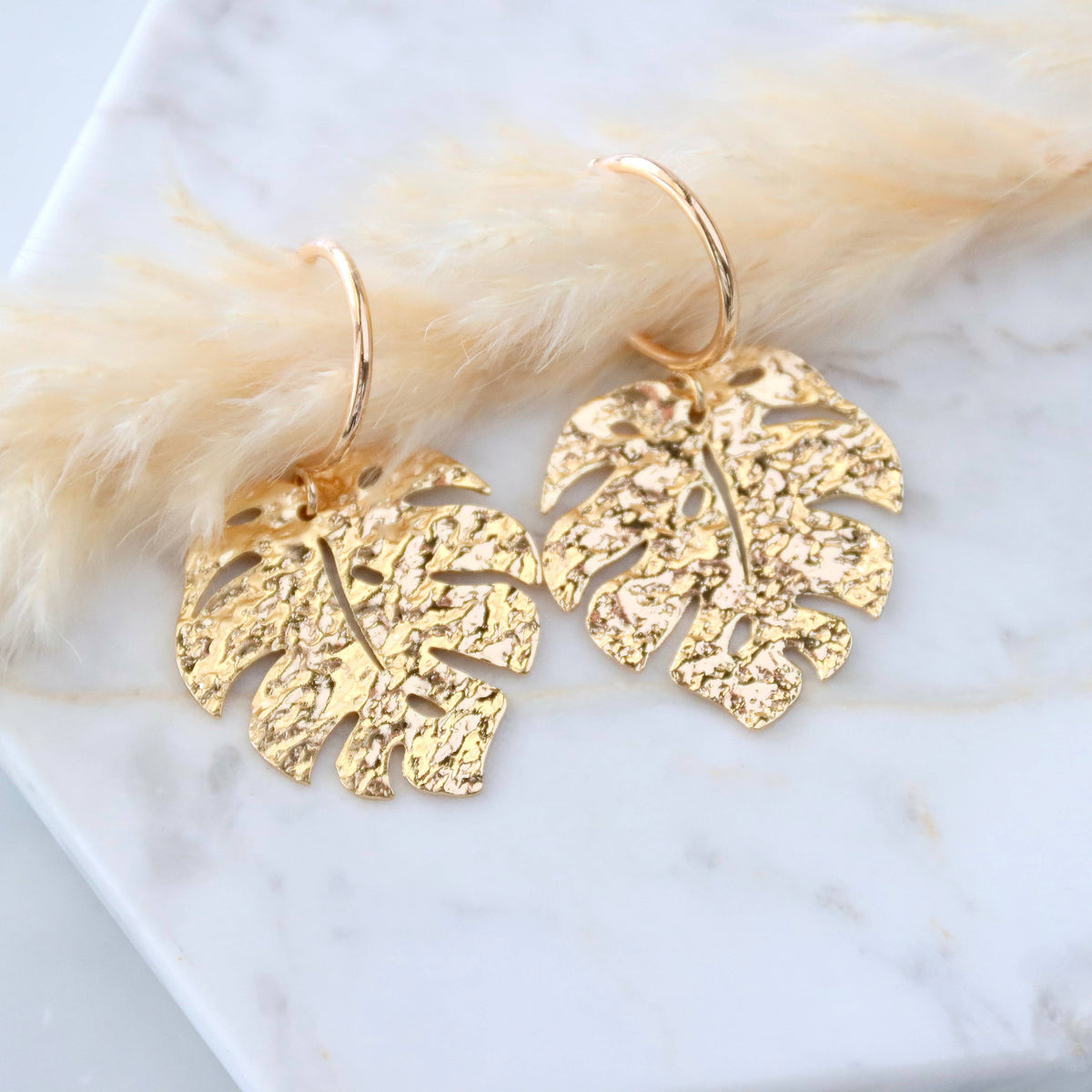Hammered Monstera Hoop Earrings