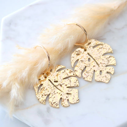 Hammered Monstera Hoop Earrings