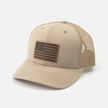American Flag Hat - Leather Patch Trucker Snapback