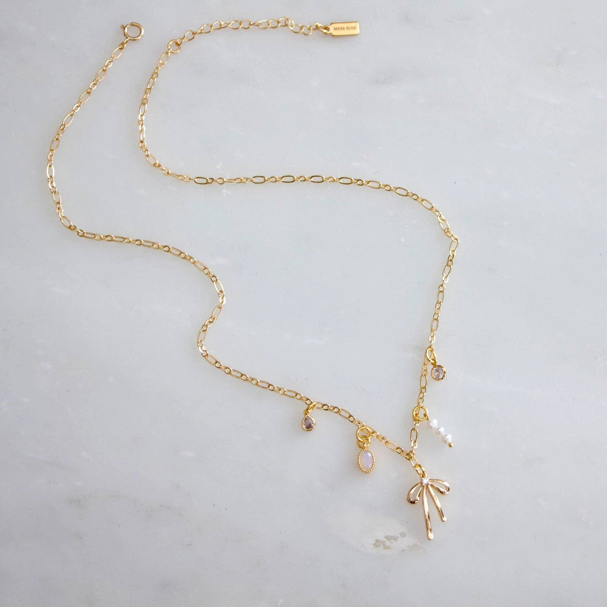 Opalite, Pearl, CZ Bow Charm Necklace