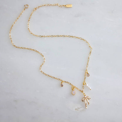 Opalite, Pearl, CZ Bow Charm Necklace