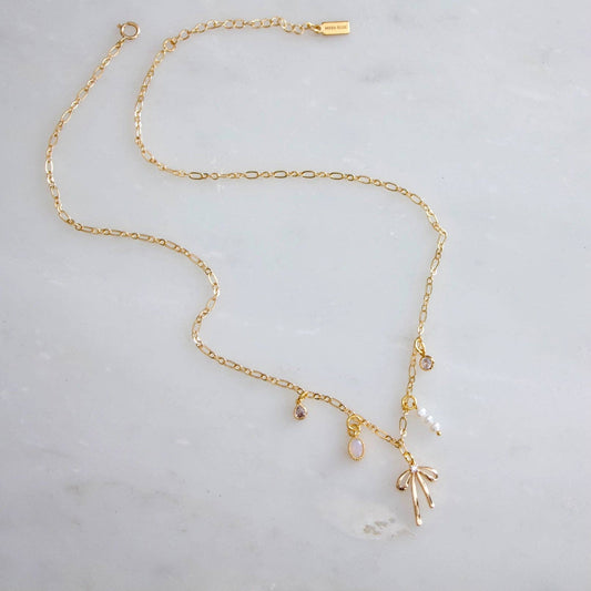 Opalite, Pearl, CZ Bow Charm Necklace