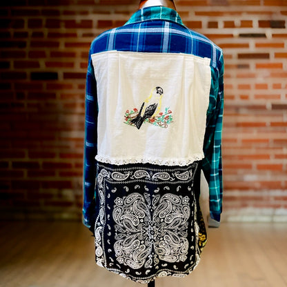 Bird Embroidered Flannel Shirt