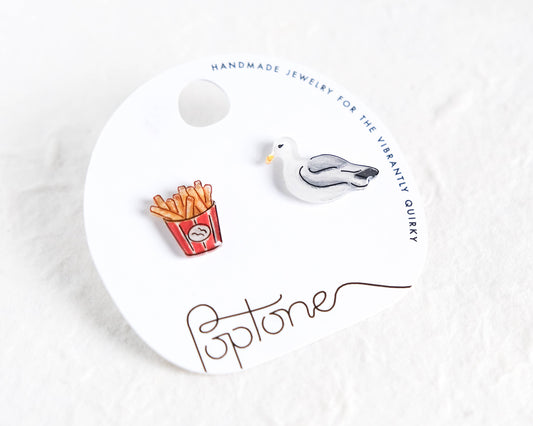 Seagull and French Fries Mismatched Beach Stud Earrings