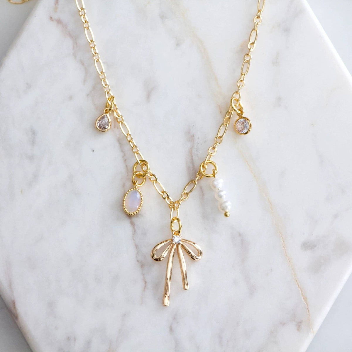 Opalite, Pearl, CZ Bow Charm Necklace