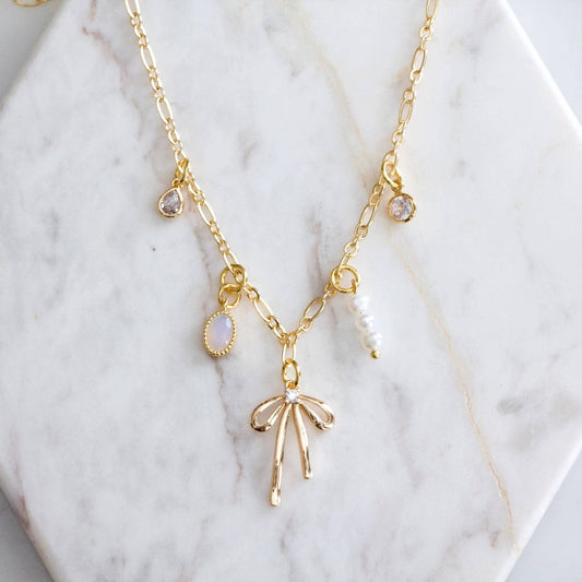 Opalite, Pearl, CZ Bow Charm Necklace