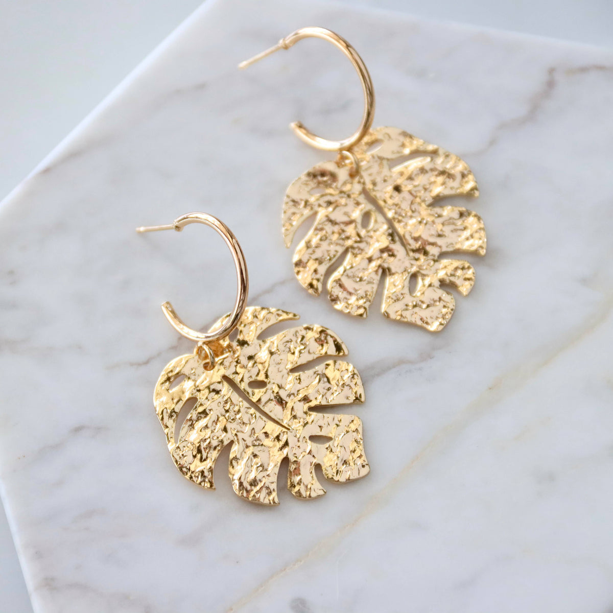 Hammered Monstera Hoop Earrings