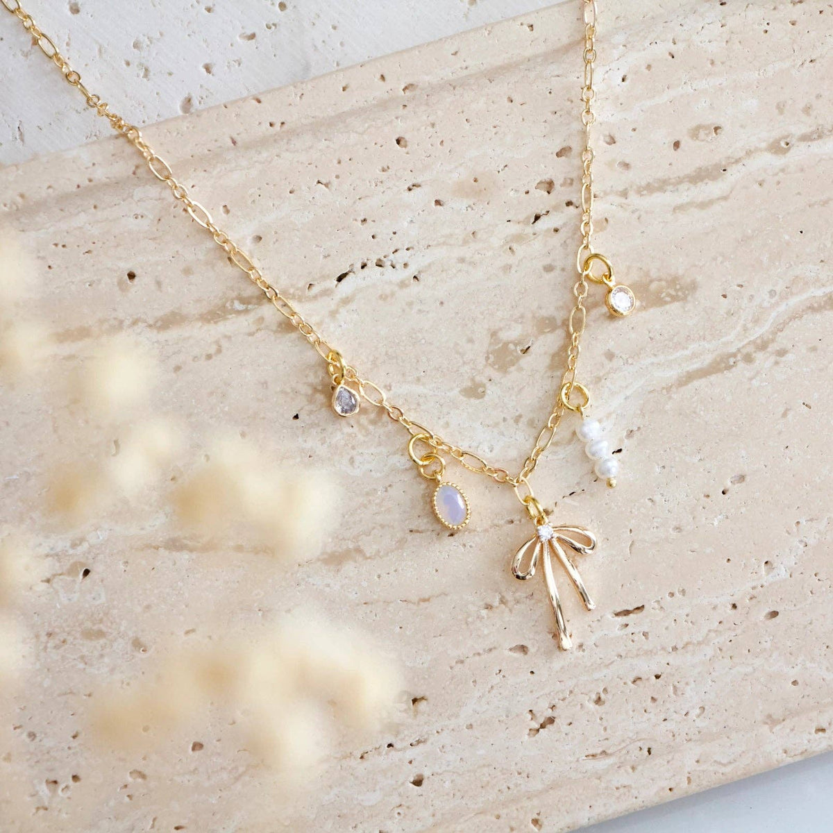 Opalite, Pearl, CZ Bow Charm Necklace