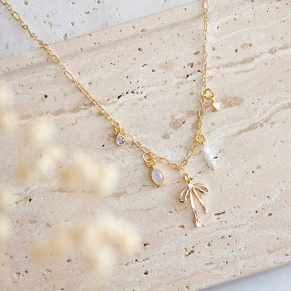 Opalite, Pearl, CZ Bow Charm Necklace