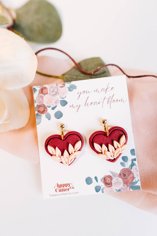 Red Blooming Love Heart Clay Earrings | Valentine's Gifts